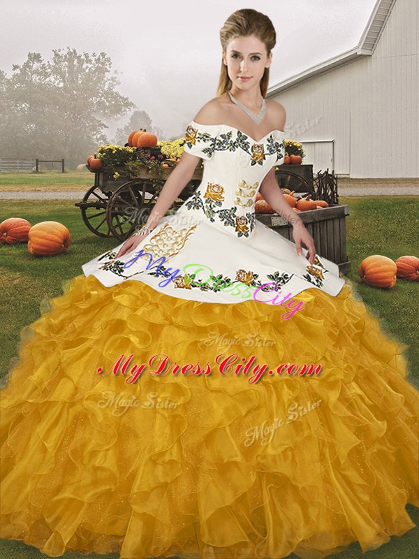 Lovely Gold Ball Gowns Embroidery and Ruffles Quince Ball Gowns Lace Up Organza Sleeveless Floor Length