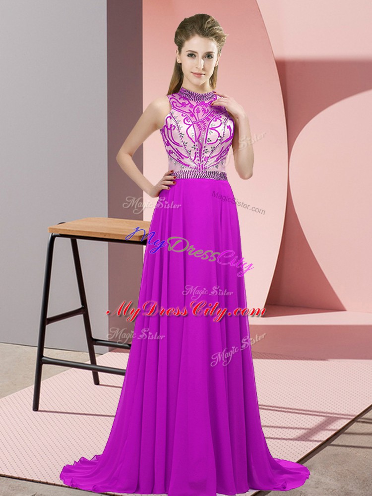 Beautiful Fuchsia Halter Top Neckline Beading Womens Evening Dresses Sleeveless Backless