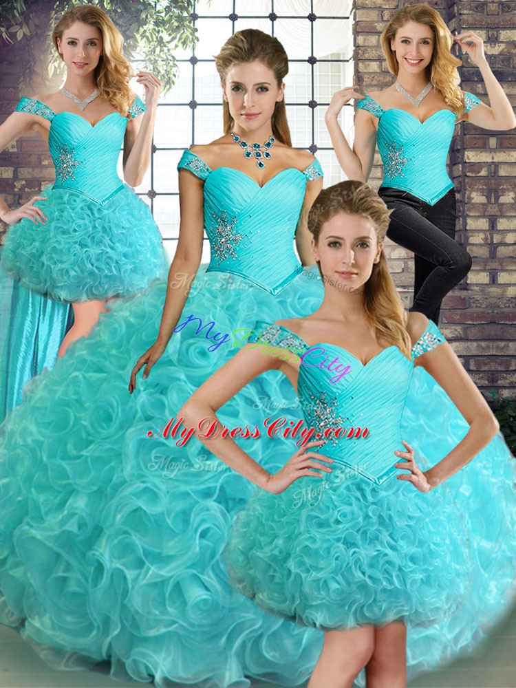 New Arrival Floor Length Aqua Blue 15th Birthday Dress Fabric With Rolling Flowers Sleeveless Beading