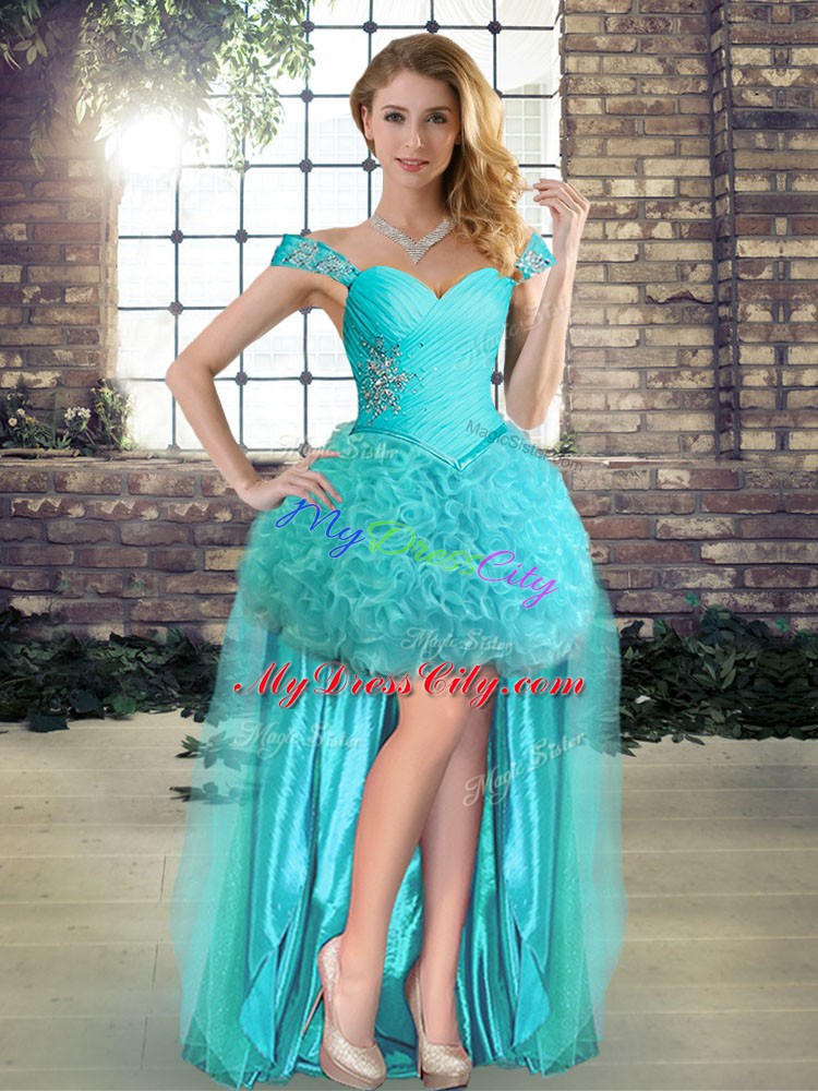 New Arrival Floor Length Aqua Blue 15th Birthday Dress Fabric With Rolling Flowers Sleeveless Beading