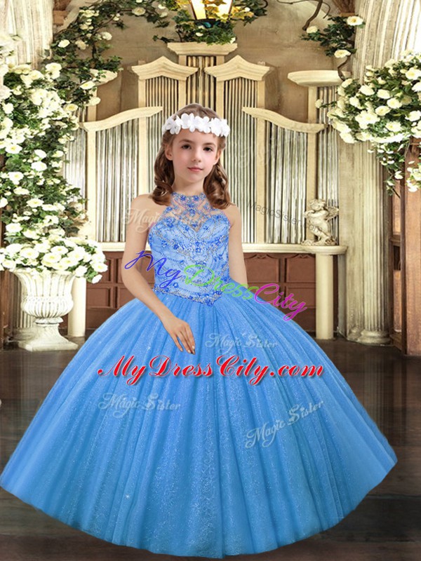 Tulle Halter Top Sleeveless Lace Up Beading Pageant Dress in Baby Blue