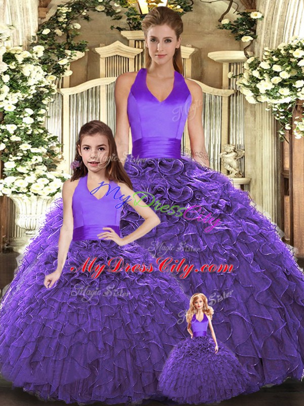 Affordable Purple Tulle Lace Up Quinceanera Gowns Sleeveless Floor Length Ruffles