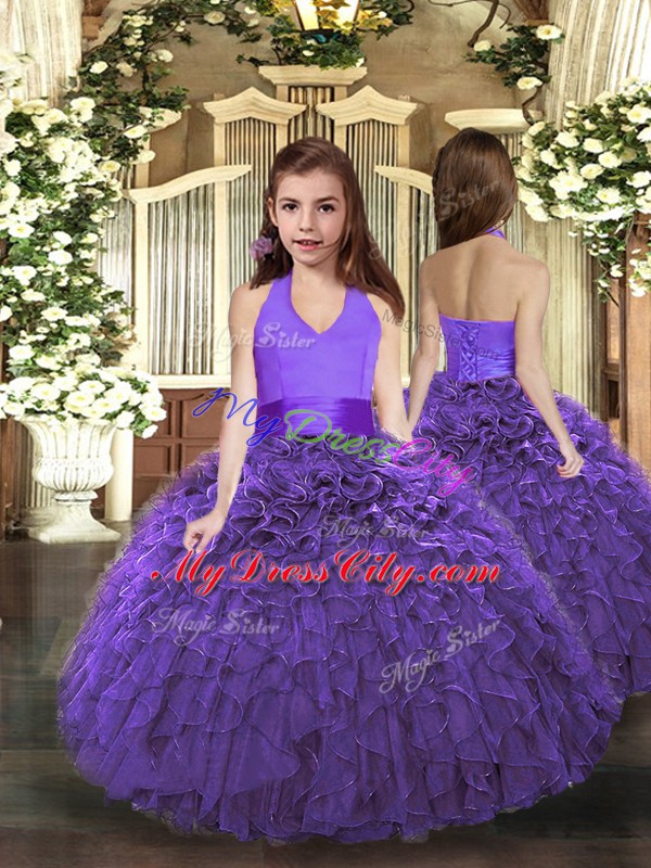 Affordable Purple Tulle Lace Up Quinceanera Gowns Sleeveless Floor Length Ruffles