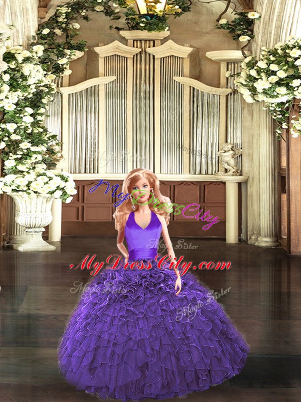 Affordable Purple Tulle Lace Up Quinceanera Gowns Sleeveless Floor Length Ruffles