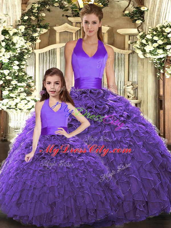 Affordable Purple Tulle Lace Up Quinceanera Gowns Sleeveless Floor Length Ruffles