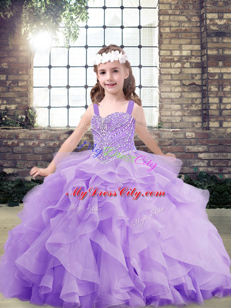 High Class Ball Gowns Kids Formal Wear Lavender Straps Organza Sleeveless Floor Length Lace Up