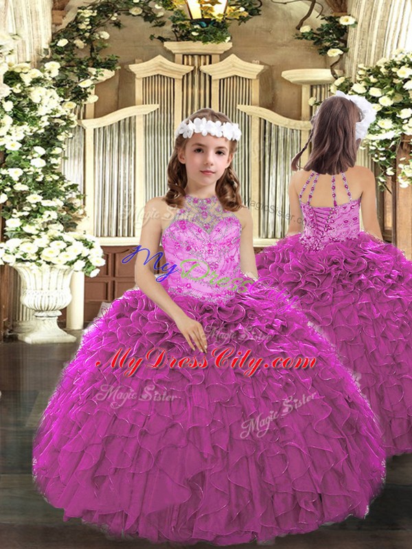 Hot Sale Fuchsia Tulle Lace Up Halter Top Sleeveless Floor Length Little Girl Pageant Gowns Beading and Ruffles