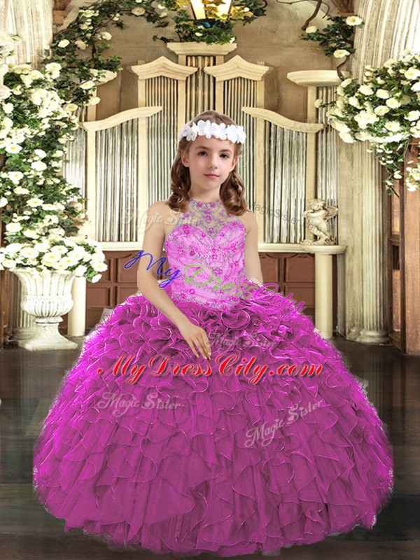 Hot Sale Fuchsia Tulle Lace Up Halter Top Sleeveless Floor Length Little Girl Pageant Gowns Beading and Ruffles