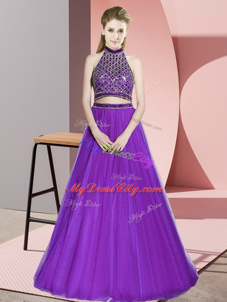 Eggplant Purple A-line Beading Evening Dresses Backless Tulle Sleeveless Floor Length