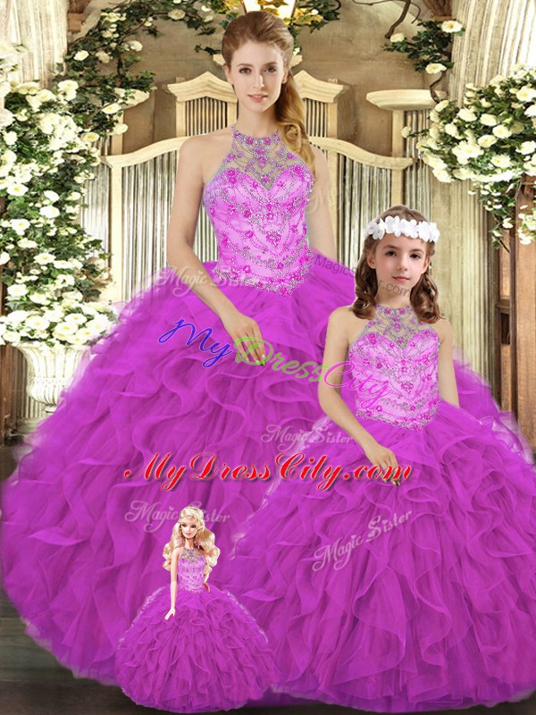 Fitting Fuchsia Halter Top Neckline Beading and Ruffles 15 Quinceanera Dress Sleeveless Lace Up