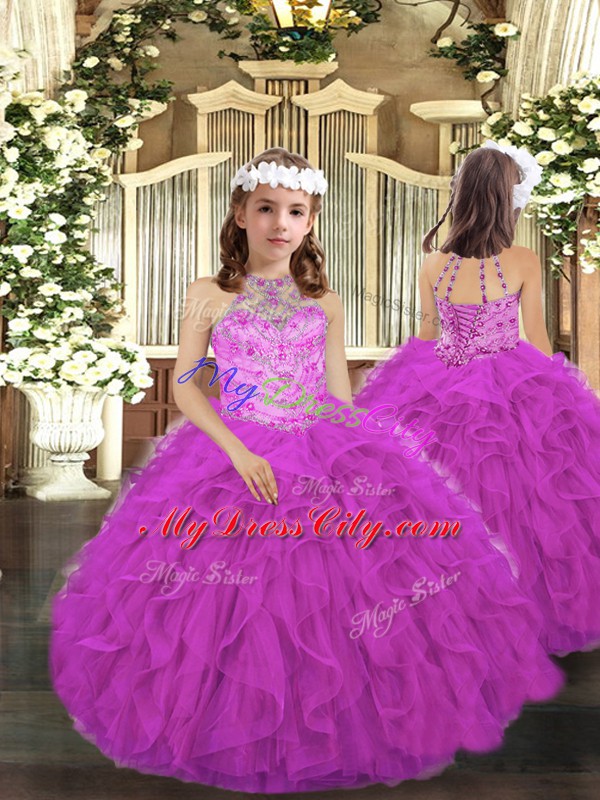 Fitting Fuchsia Halter Top Neckline Beading and Ruffles 15 Quinceanera Dress Sleeveless Lace Up