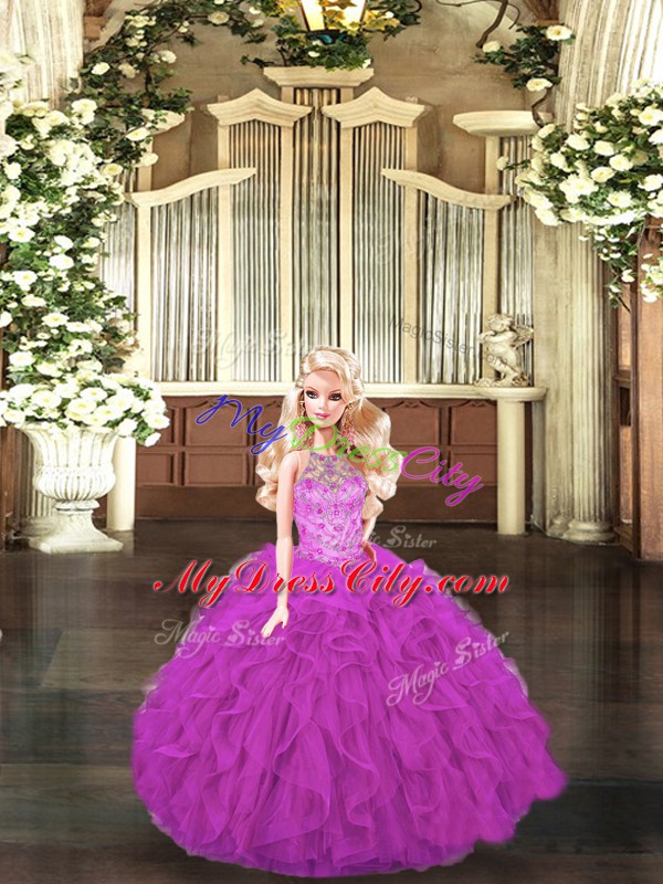 Fitting Fuchsia Halter Top Neckline Beading and Ruffles 15 Quinceanera Dress Sleeveless Lace Up