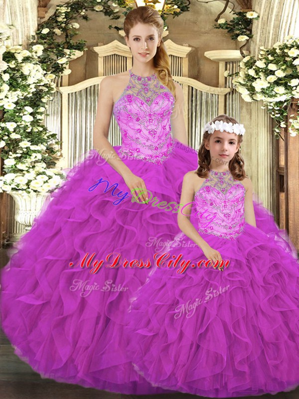 Fitting Fuchsia Halter Top Neckline Beading and Ruffles 15 Quinceanera Dress Sleeveless Lace Up