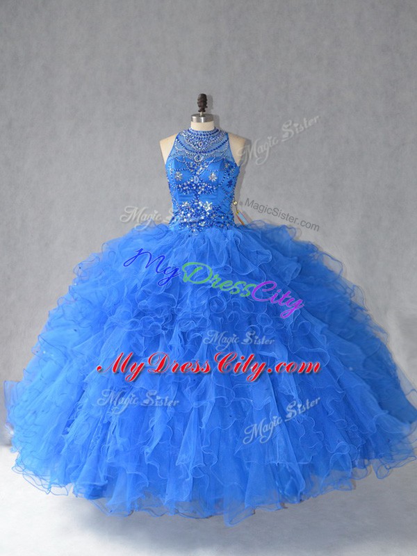 Royal Blue Sleeveless Floor Length Beading and Ruffles Lace Up Quince Ball Gowns