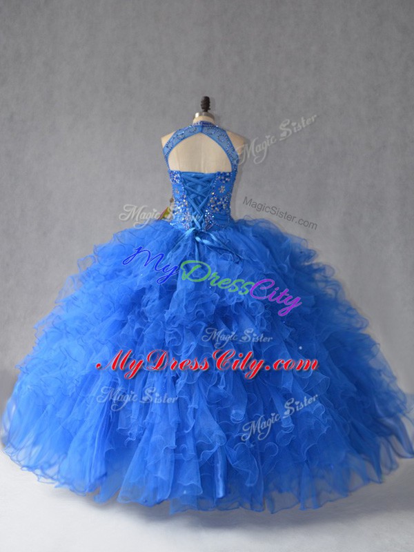 Royal Blue Sleeveless Floor Length Beading and Ruffles Lace Up Quince Ball Gowns