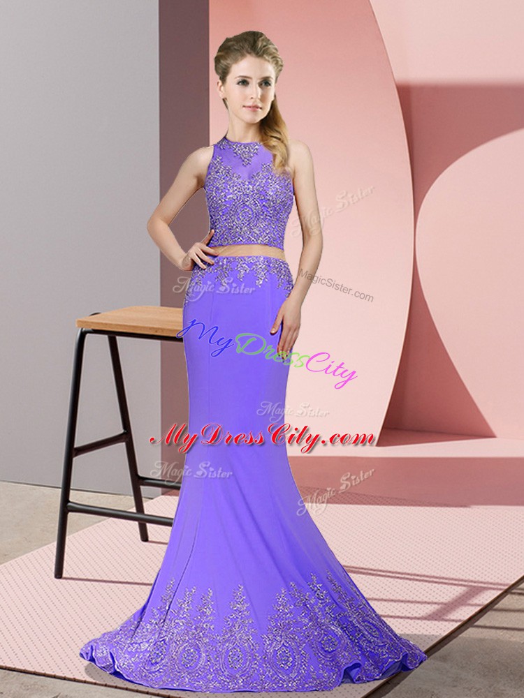 Lavender Zipper Evening Party Dresses Beading and Appliques Sleeveless Sweep Train