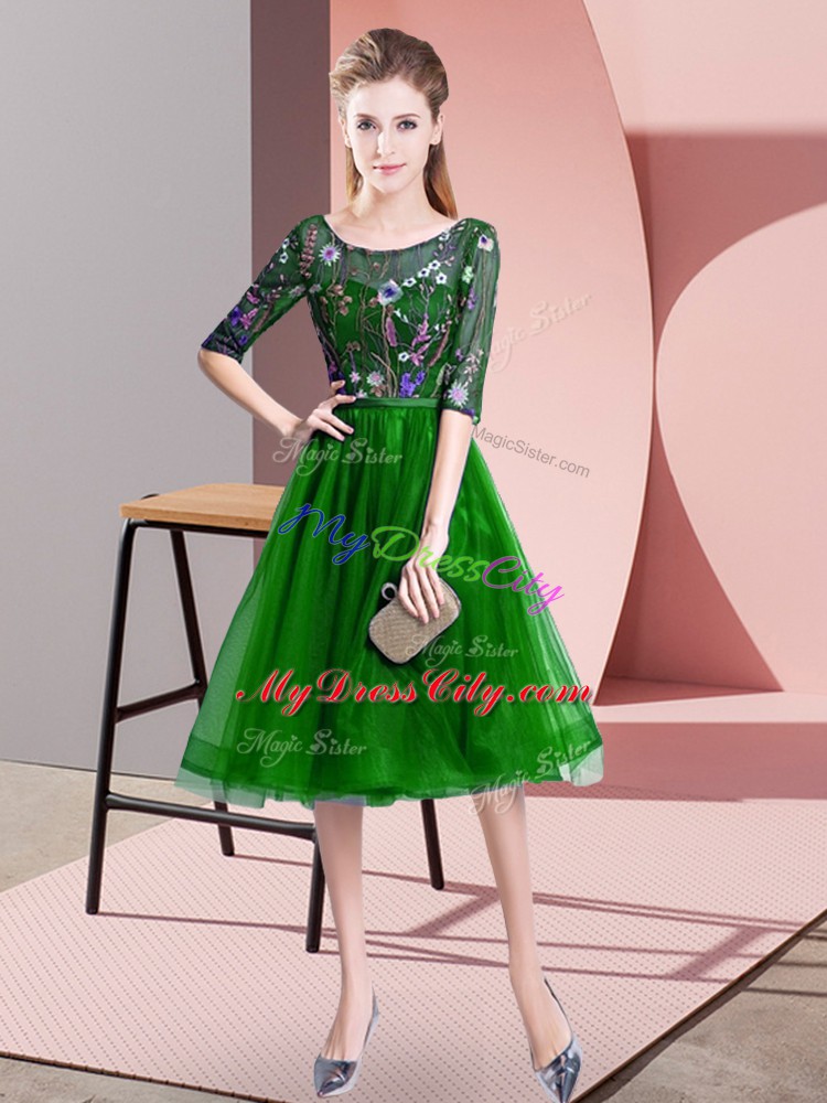 Comfortable Green Empire Tulle Scoop Half Sleeves Embroidery Knee Length Lace Up Wedding Party Dress