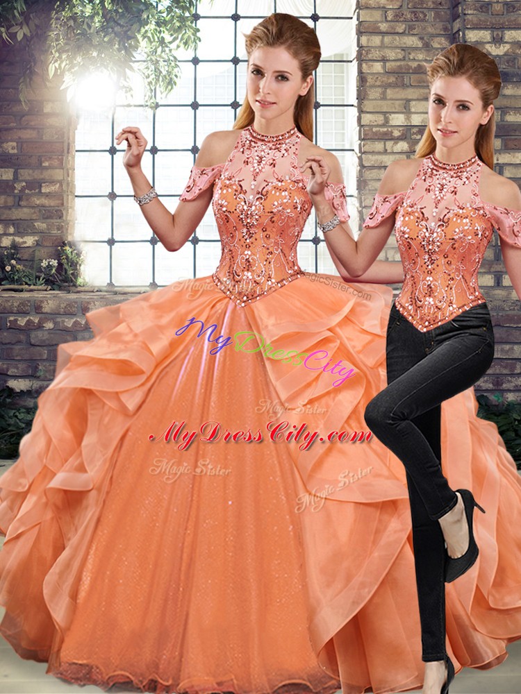 Perfect Floor Length Orange 15 Quinceanera Dress Halter Top Sleeveless Lace Up