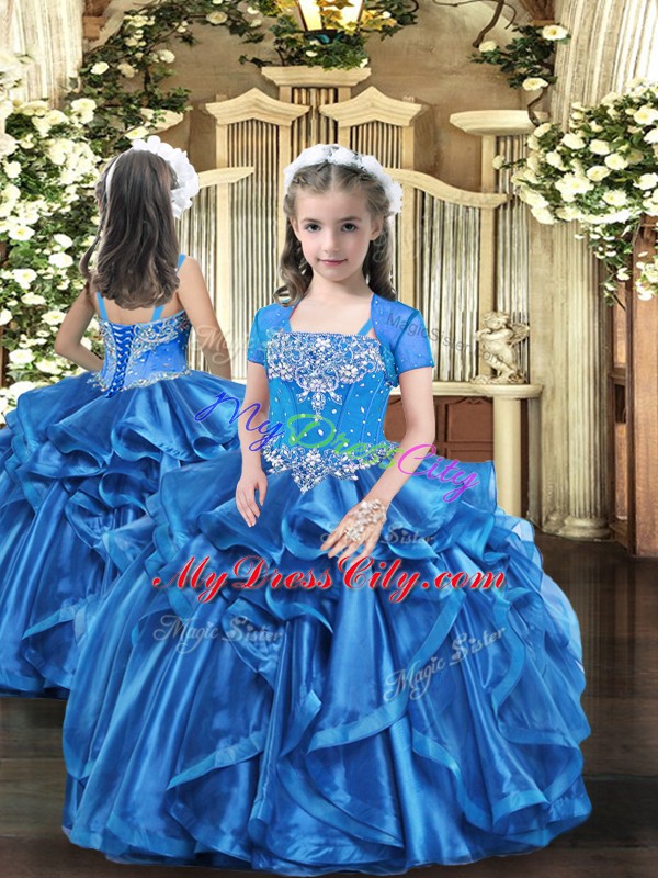 High Class Baby Blue Straps Neckline Beading and Ruffles Little Girl Pageant Gowns Sleeveless Lace Up