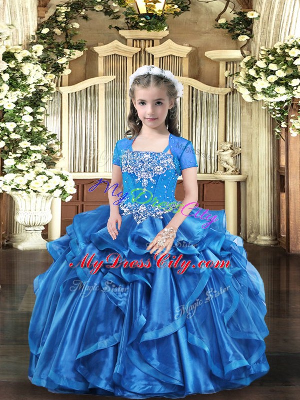 High Class Baby Blue Straps Neckline Beading and Ruffles Little Girl Pageant Gowns Sleeveless Lace Up