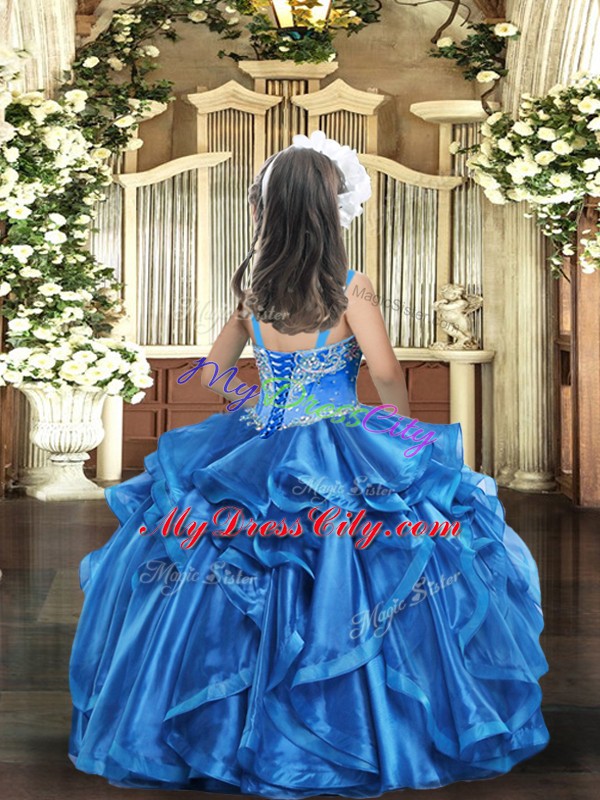 High Class Baby Blue Straps Neckline Beading and Ruffles Little Girl Pageant Gowns Sleeveless Lace Up