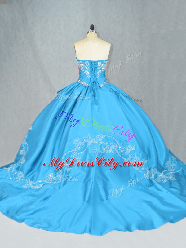 Sleeveless Court Train Embroidery Lace Up Quinceanera Gowns