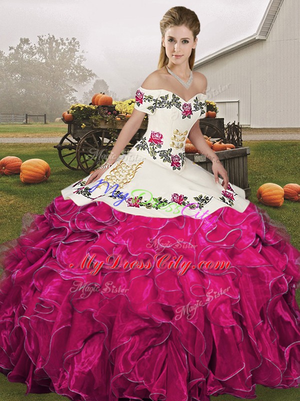 Enchanting Fuchsia Lace Up Off The Shoulder Embroidery and Ruffles Quinceanera Gowns Organza Sleeveless