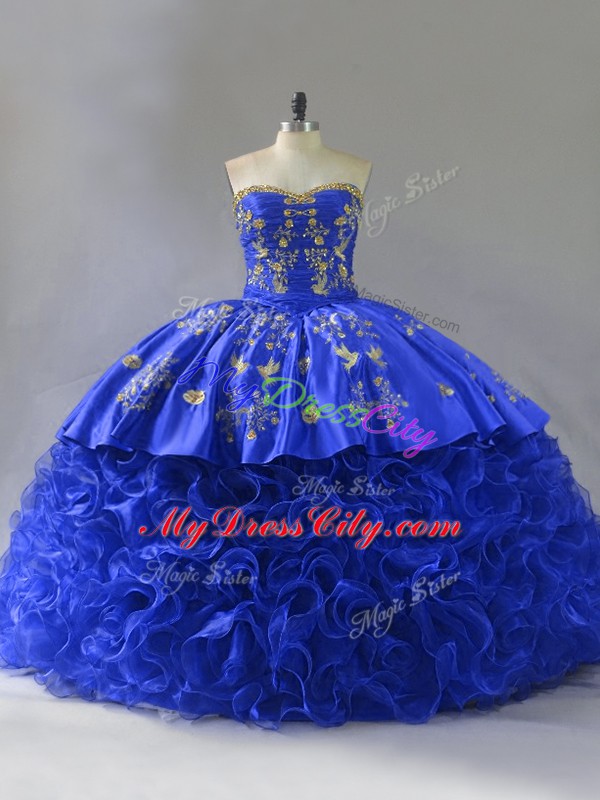 Fantastic Embroidery and Ruffles Sweet 16 Dress Royal Blue Lace Up Sleeveless Floor Length