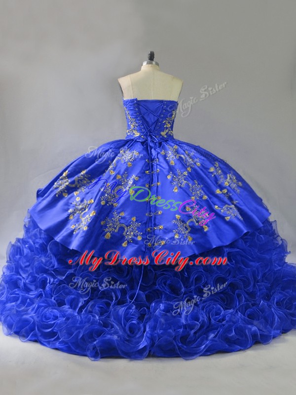 Fantastic Embroidery and Ruffles Sweet 16 Dress Royal Blue Lace Up Sleeveless Floor Length