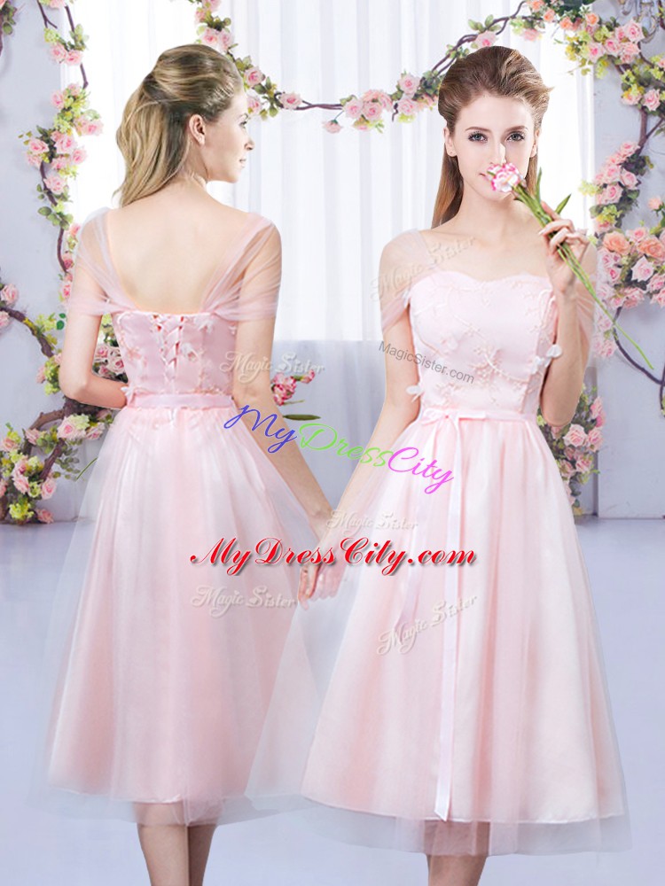 Captivating Short Sleeves Tulle Tea Length Lace Up Quinceanera Court of Honor Dress in Baby Pink with Lace and Belt