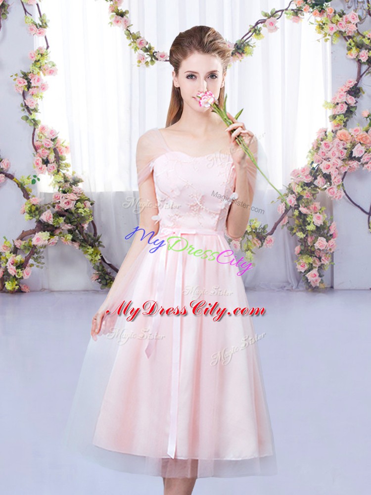 Captivating Short Sleeves Tulle Tea Length Lace Up Quinceanera Court of Honor Dress in Baby Pink with Lace and Belt