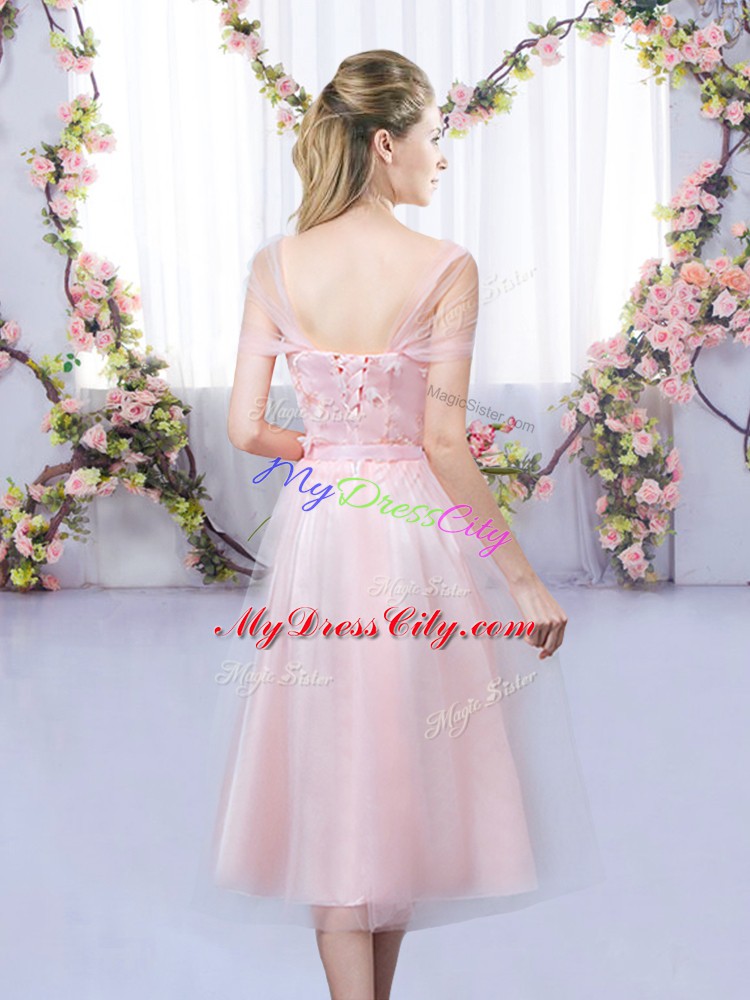 Captivating Short Sleeves Tulle Tea Length Lace Up Quinceanera Court of Honor Dress in Baby Pink with Lace and Belt