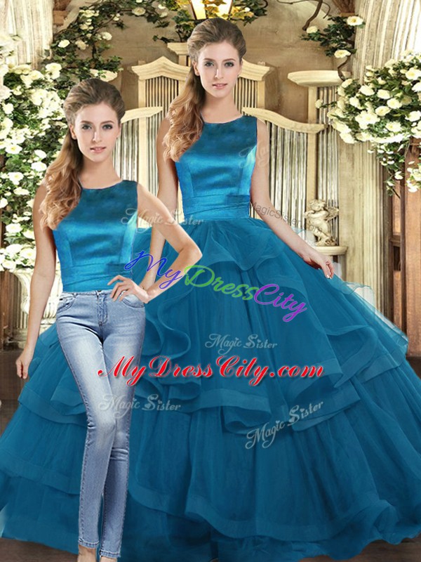 Perfect Teal Sleeveless Ruffles Floor Length Quinceanera Gown