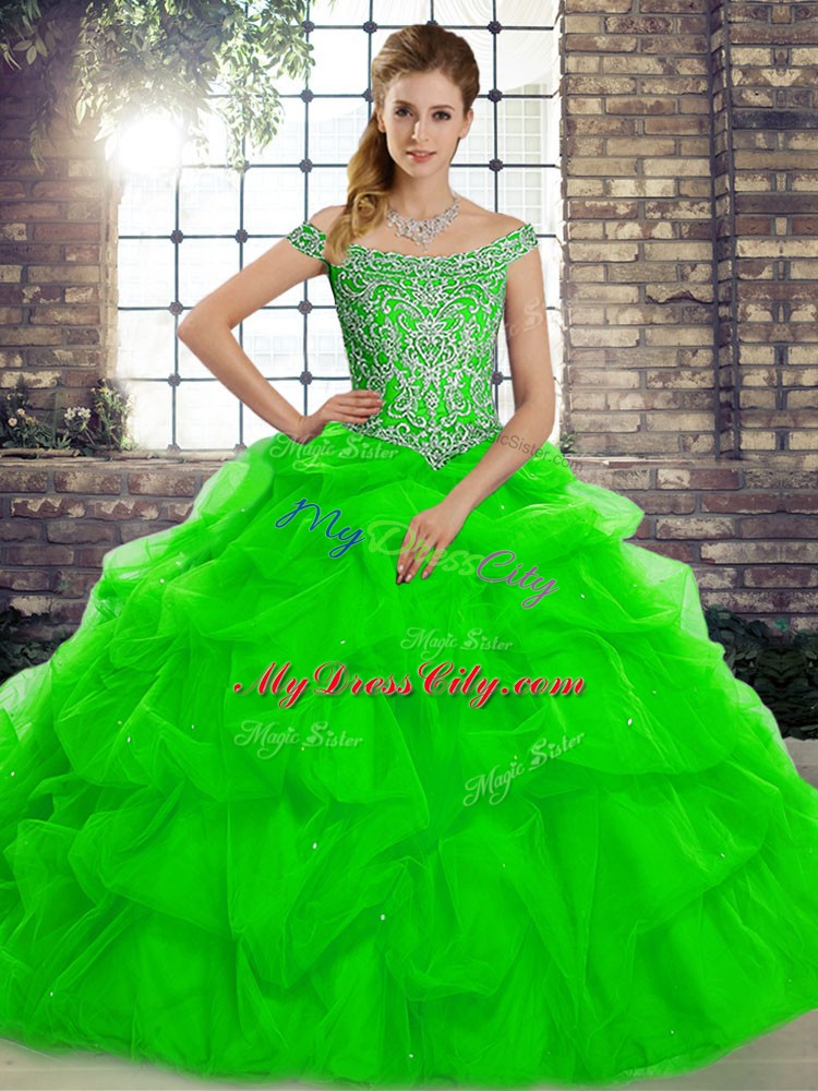 Clearance Green Vestidos de Quinceanera Military Ball and Sweet 16 and Quinceanera with Beading and Pick Ups Off The Shoulder Sleeveless Brush Train Lace Up