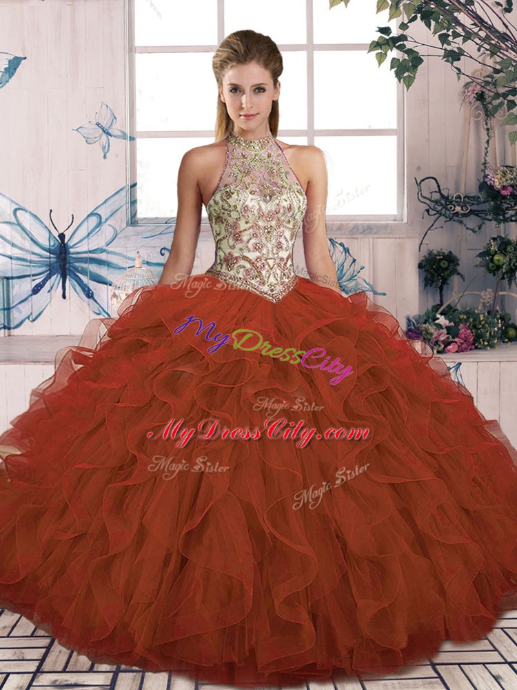 Rust Red Halter Top Neckline Beading and Ruffles Quinceanera Gowns Sleeveless Lace Up