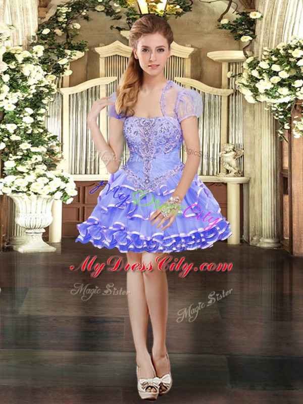 Lavender Organza Lace Up Strapless Sleeveless Mini Length Prom Dresses Beading and Lace and Ruffled Layers