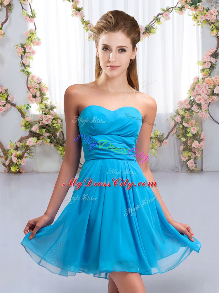 Modest Aqua Blue Chiffon Lace Up Sweetheart Sleeveless Mini Length Quinceanera Court of Honor Dress Ruching