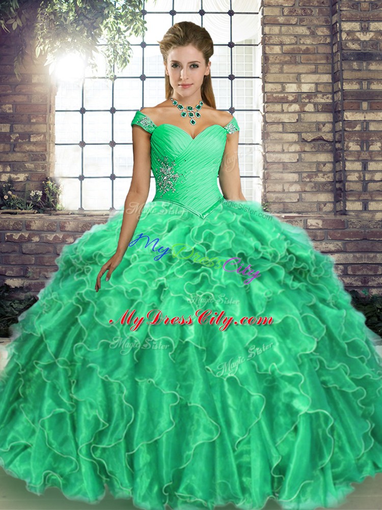 Exquisite Turquoise Organza Lace Up Quinceanera Gowns Sleeveless Brush Train Beading and Ruffles