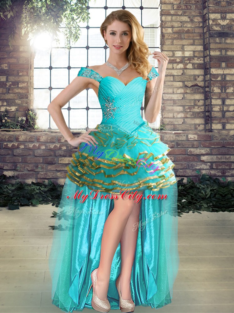 Aqua Blue A-line Beading and Ruffled Layers Evening Dress Lace Up Organza Sleeveless High Low