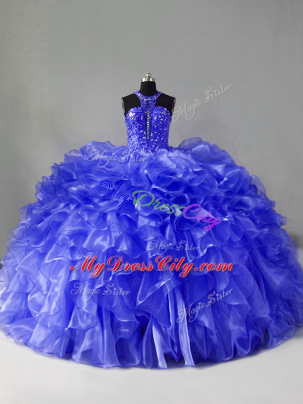 Super Blue Sleeveless Brush Train Beading and Ruffles 15 Quinceanera Dress