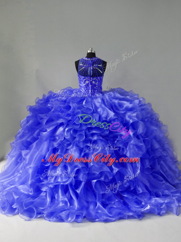 Super Blue Sleeveless Brush Train Beading and Ruffles 15 Quinceanera Dress