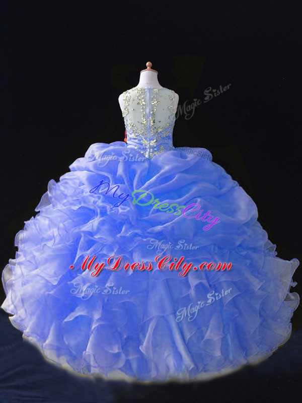 Latest Organza Straps Sleeveless Zipper Beading and Ruffles and Pick Ups Pageant Dress for Teens in Blue