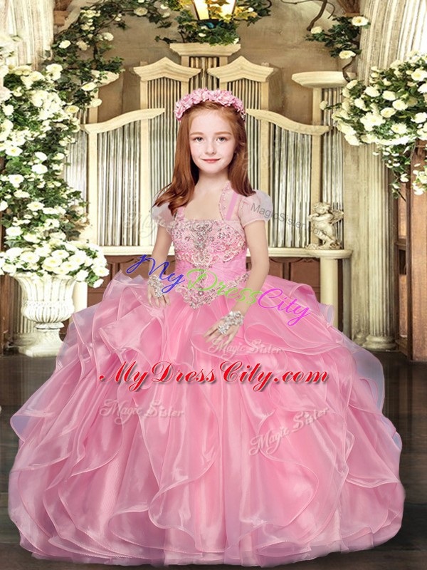 Admirable Straps Sleeveless Little Girls Pageant Gowns Floor Length Beading Baby Pink Organza