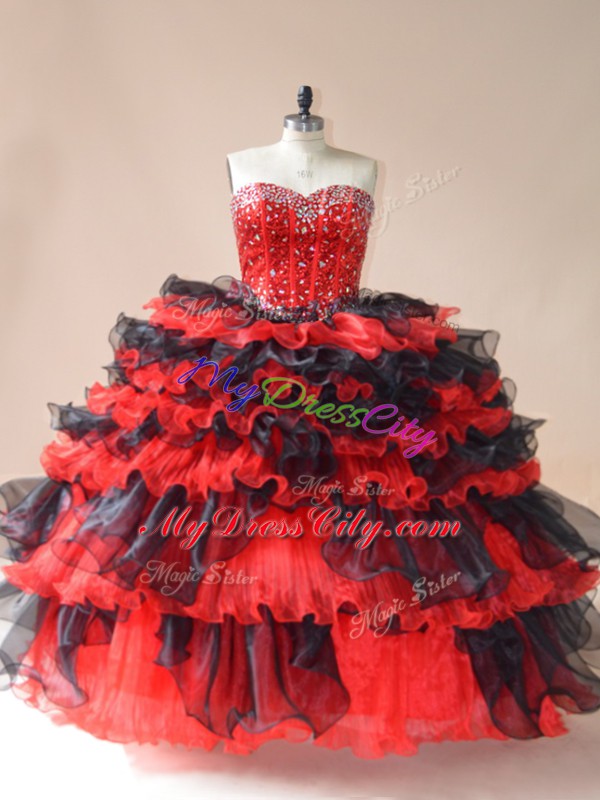 Colorful Beading and Ruffled Layers Quince Ball Gowns Red And Black Lace Up Sleeveless Floor Length