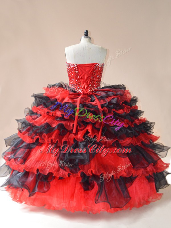 Colorful Beading and Ruffled Layers Quince Ball Gowns Red And Black Lace Up Sleeveless Floor Length