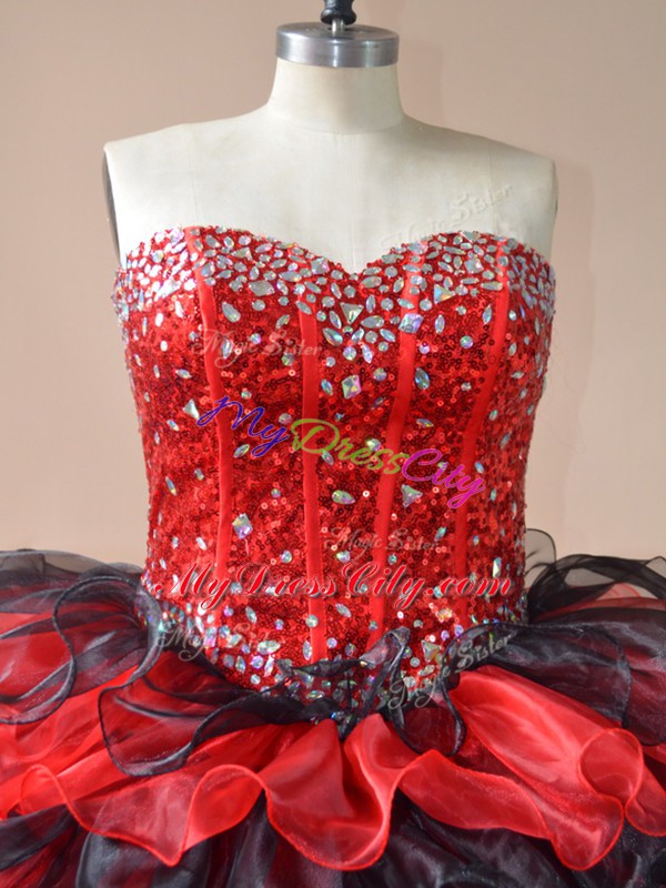 Colorful Beading and Ruffled Layers Quince Ball Gowns Red And Black Lace Up Sleeveless Floor Length