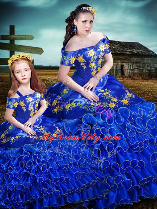 Royal Blue Lace Up Quinceanera Dress Embroidery and Ruffles Sleeveless Floor Length