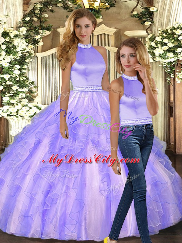 Affordable Lavender Tulle Backless Sweet 16 Quinceanera Dress Sleeveless Floor Length Ruffles