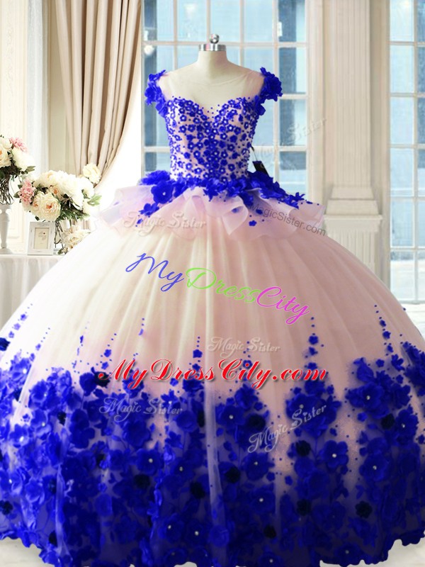 Admirable Blue And White Scoop Neckline Hand Made Flower Quinceanera Dresses Sleeveless Zipper