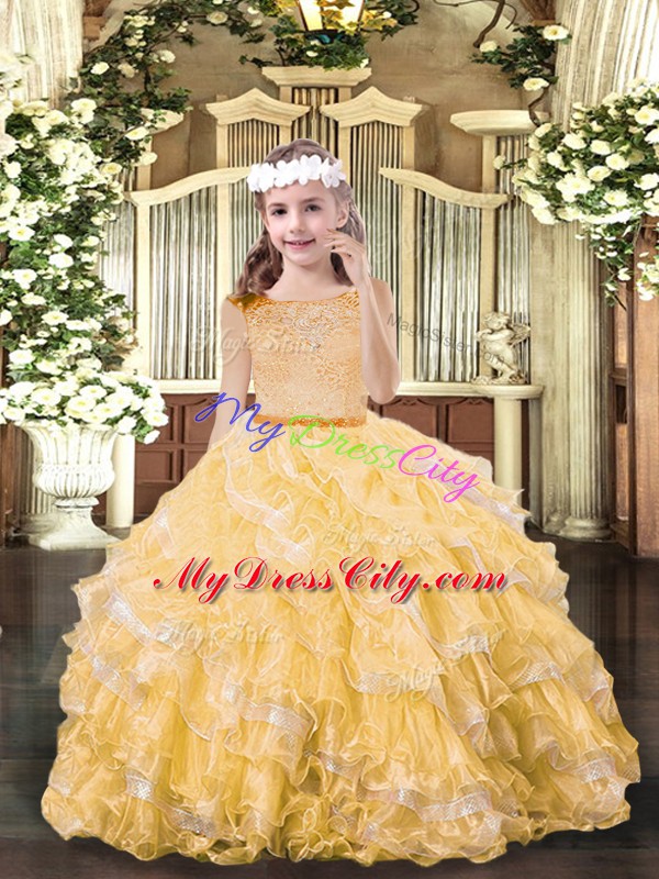 Scoop Sleeveless Little Girls Pageant Gowns Floor Length Beading and Ruffled Layers Gold Organza